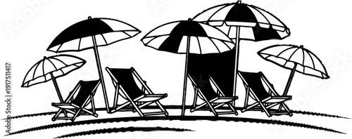 Beach scene with multiple umbrellas and lounge chairs on the sand
