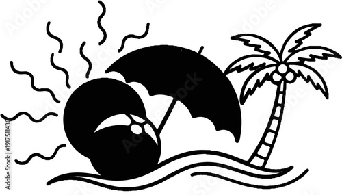 Beach scene with sun, umbrella, palm tree, and waves