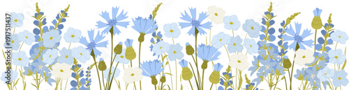 Wild Meadow Flowers Border and Garden Blooms with Bees and Dragonfly in Soft Pastel Botanical Style.