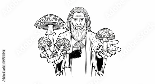 Bearded man in robe offers mushrooms, some held in hands