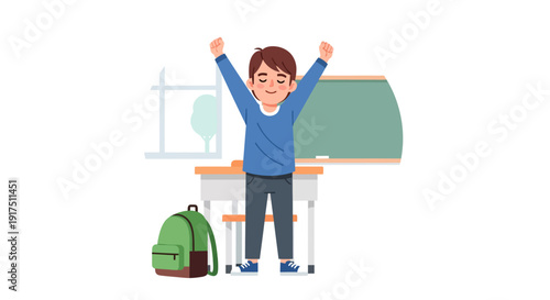 Young Student Standing with Arms Raised.