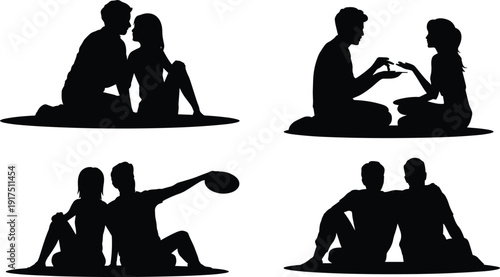 Romantic couple silhouettes set in love poses, sitting, talking and relaxing together, relationship and dating concept, man and woman black vector isolated.