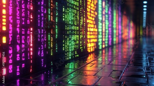 Wallpaper Mural Digital display panels with colorful data streams in a futuristic hall reflect on the floor Torontodigital.ca