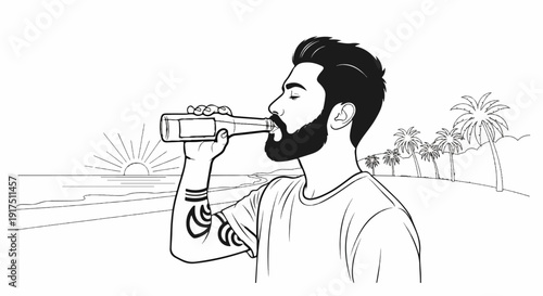 Bearded man drinks from bottle at sunny beach with palm trees