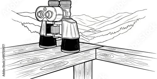 Binoculars rest on a wooden platform overlooking rolling hills