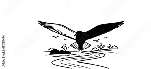 Bird with outstretched wings flies over a winding river and trees