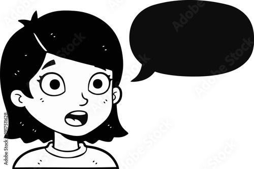Black and white cartoon of a young girl with an open mouth and large eyes
