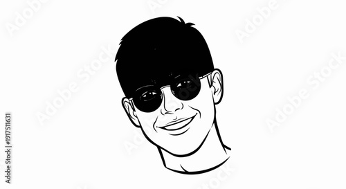 Black and white cartoon portrait of a smiling young man wearing sunglasses