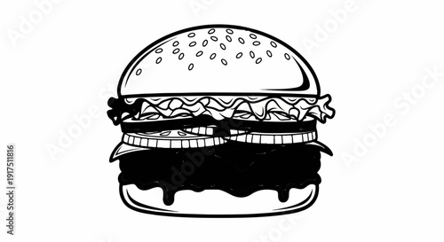 Black and white drawing of a loaded burger with sesame seeds on top bun