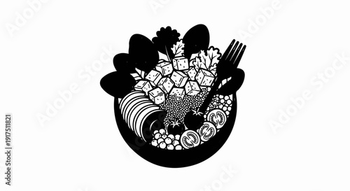 Black and white illustration of a healthy salad bowl with various vegetables and grains