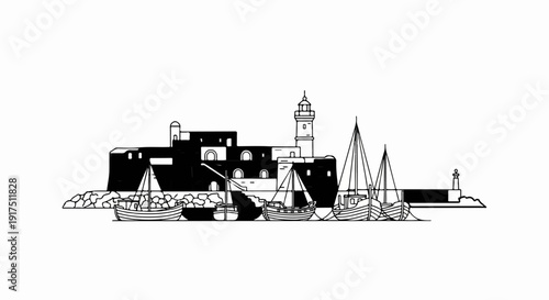 Black and white illustration of a harbor with sailboats and buildings