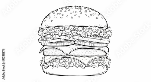 Black and white illustration of a large, multi-layered burger with sesame seeds