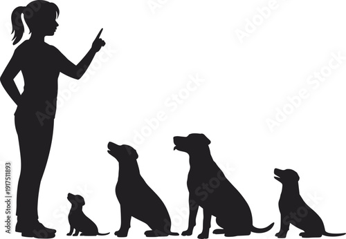 Silhouette of female dog trainer giving command to group of dogs in sitting position, obedience training concept, pet behavior instruction, animal training illustration isolated on white.