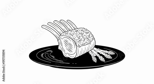 Black and white drawing of a stuffed rack of lamb with asparagus
