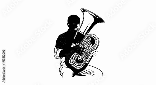 Black and white illustration of a person playing a tuba