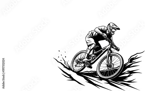 Black and white illustration of a person downhill mountain biking on a rough slope