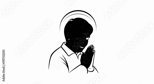 Black and white illustration of a person with a halo praying