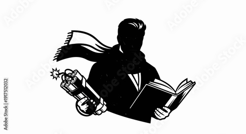 Black and white illustration of a person reading a book while holding dynamite