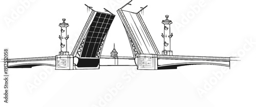 Black and white sketch of a large, open drawbridge with ornate pillars