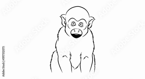 Black and white line drawing of a furry primate with wide eyes