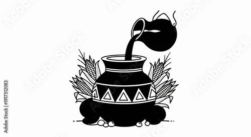 Black and white illustration of a pot with liquid being poured into it, corn on the cob, and fruit