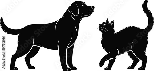Dog and cat silhouette illustration, friendly domestic pets standing together, black and white vector art isolated on white background