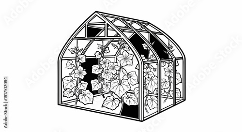 Black and white line drawing of a greenhouse filled with cucumber plants