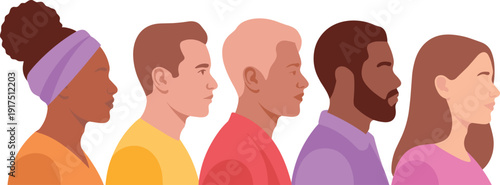 Diverse people side profile illustration, multicultural men and women portrait set, flat vector characters representing inclusion equality and human diversity concept