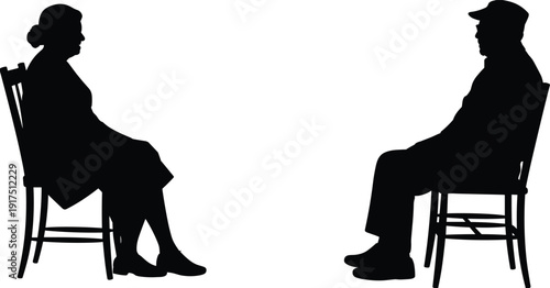 Elderly couple sitting on chairs silhouette, black and white vector illustration of senior man and woman isolated on light background