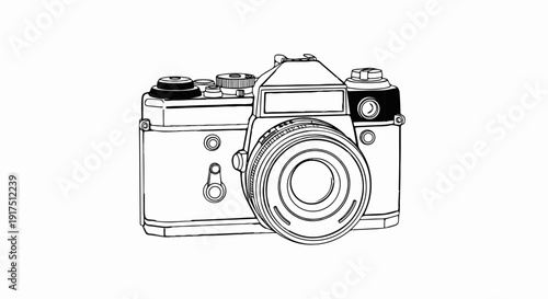 Black and white line drawing of a vintage film camera with lens