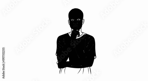 Black and white sketch of a man in deep thought, chin resting on hand