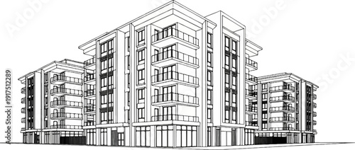 Black and white sketch of a modern, multi-story apartment building with balconies