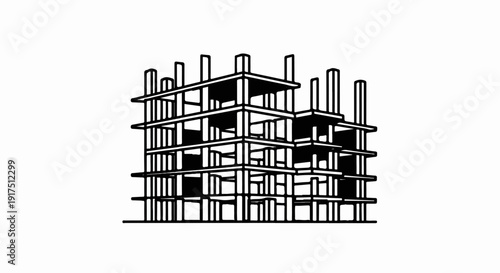 Black and white line drawing of an unfinished building's concrete framework