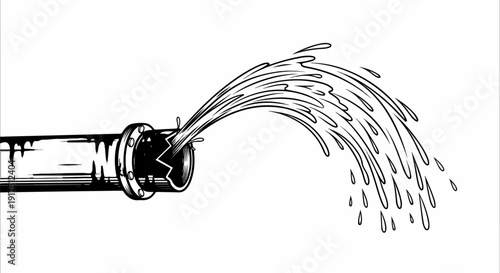 Black and white line drawing of water gushing from a broken pipe