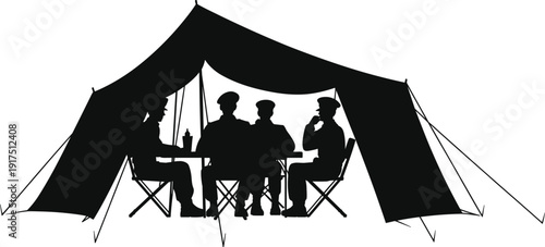 Silhouette of military soldiers sitting inside camp tent at table, army teamwork and communication concept, wartime briefing, tactical planning, outdoor base camp illustration isolated.