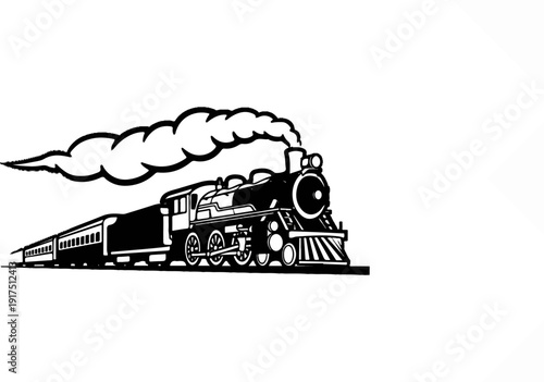 Black and white illustration of a steam locomotive and train cars