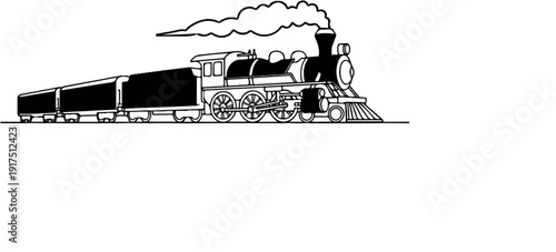 Black and white illustration of a steam locomotive pulling freight cars with smoke