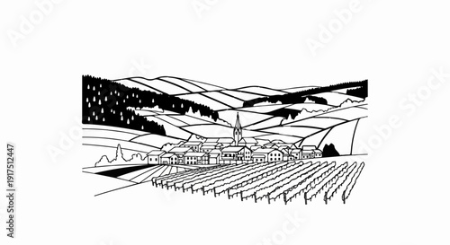 Black and white sketch of a village nestled among rolling hills and vineyards