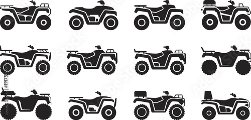 Flat vector ATV silhouette set featuring black icons of quad bikes and four-wheelers for off-road racing, extreme sports, and outdoor adventure designs.