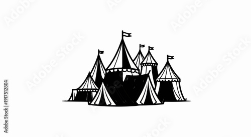 Black and white sketch of multiple circus tents and flags on a white background
