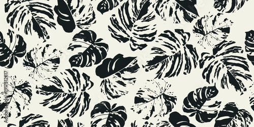 Hand-drawn abstract Monstera deliciosa pattern, seamless floral design, suitable for fabrics, textiles, clothing, posters, covers, banners, and backgrounds. Vector graphic.