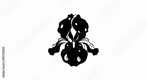 Black and white illustration of a stylized iris flower with dew drops