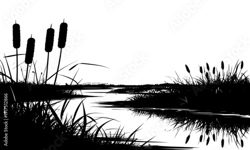 Black silhouette of cattails and reeds reflecting on calm river or lake water, serene wetland landscape nature scene perfect for backgrounds, prints, and ecological artwork design