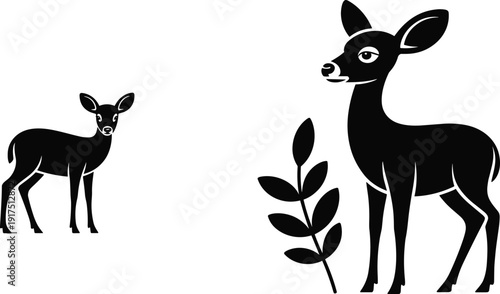 Flat vector deer silhouette set featuring a doe and fawn with a leaf element for nature design, wildlife conservation, and forest themes.