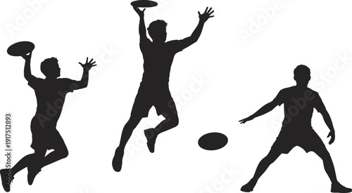 Silhouette of men playing ultimate frisbee with jumping catch and throwing action, sporty teamwork concept, outdoor athletic competition scene isolated on white background.