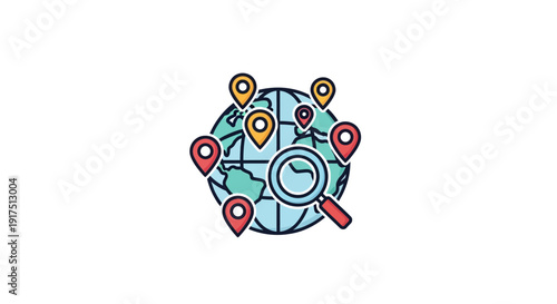 Globe with Magnifying Glass and Markers.