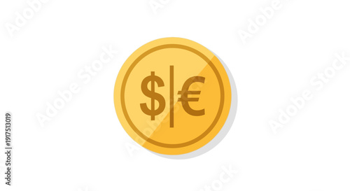 Golden coin with dollar euro symbols.