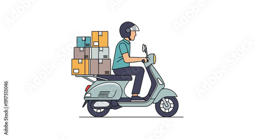 A delivery person on a scooter carrying multiple packages depicted in a flat vector style on transparent background silhouette high quality