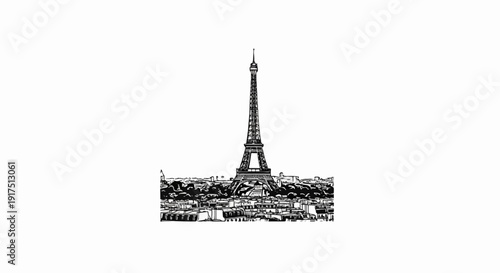 Black and white sketch of the Eiffel Tower with Parisian cityscape