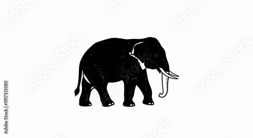 Black elephant with tusks and trunk raised